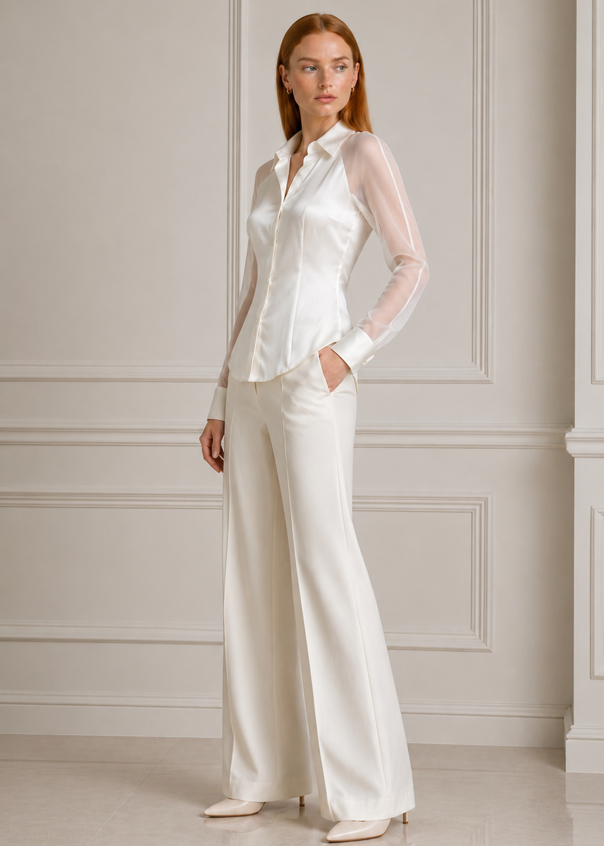 Taylor - White peace silk fitted shirt with transparent sleeves
